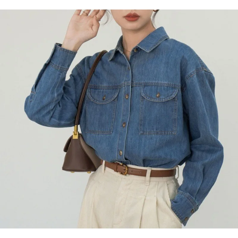 

Season's new denim jacket retro popular stacked denim shirt girl spring