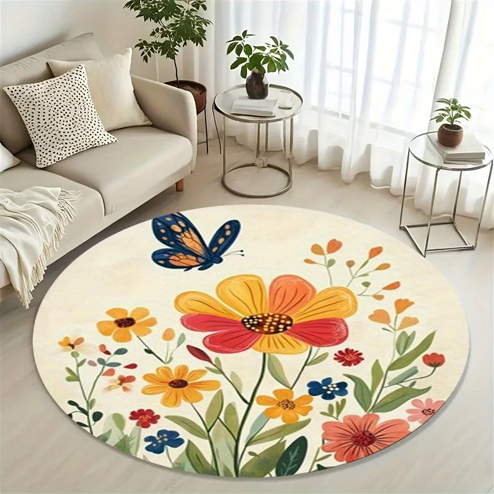 

1pc Non-Slip Soft Round Floral Bath Mat with Rubber Backing - Vibrant Multicolor Spring Flowers Daisies, Tulips, Sunflowers