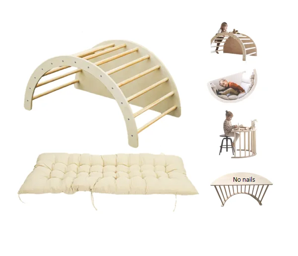 

Multifunctional 5-in-1 Cradle Rainbow Arch Rocker Sensory Table Montessori Wooden Arch Cradle with Cushion Set