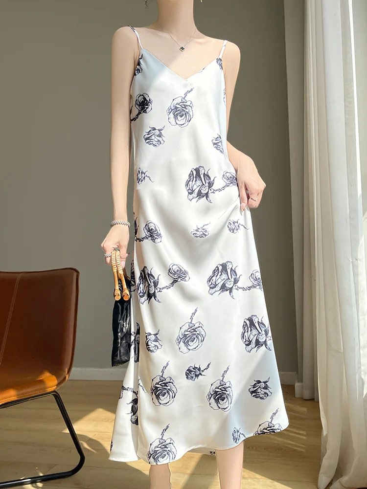 Ele V-Ne Acetate Satin Print Midi Dr Women's A-Line Over-Knee Long Dr Slimming Summer Wrap Dr Commute Sle