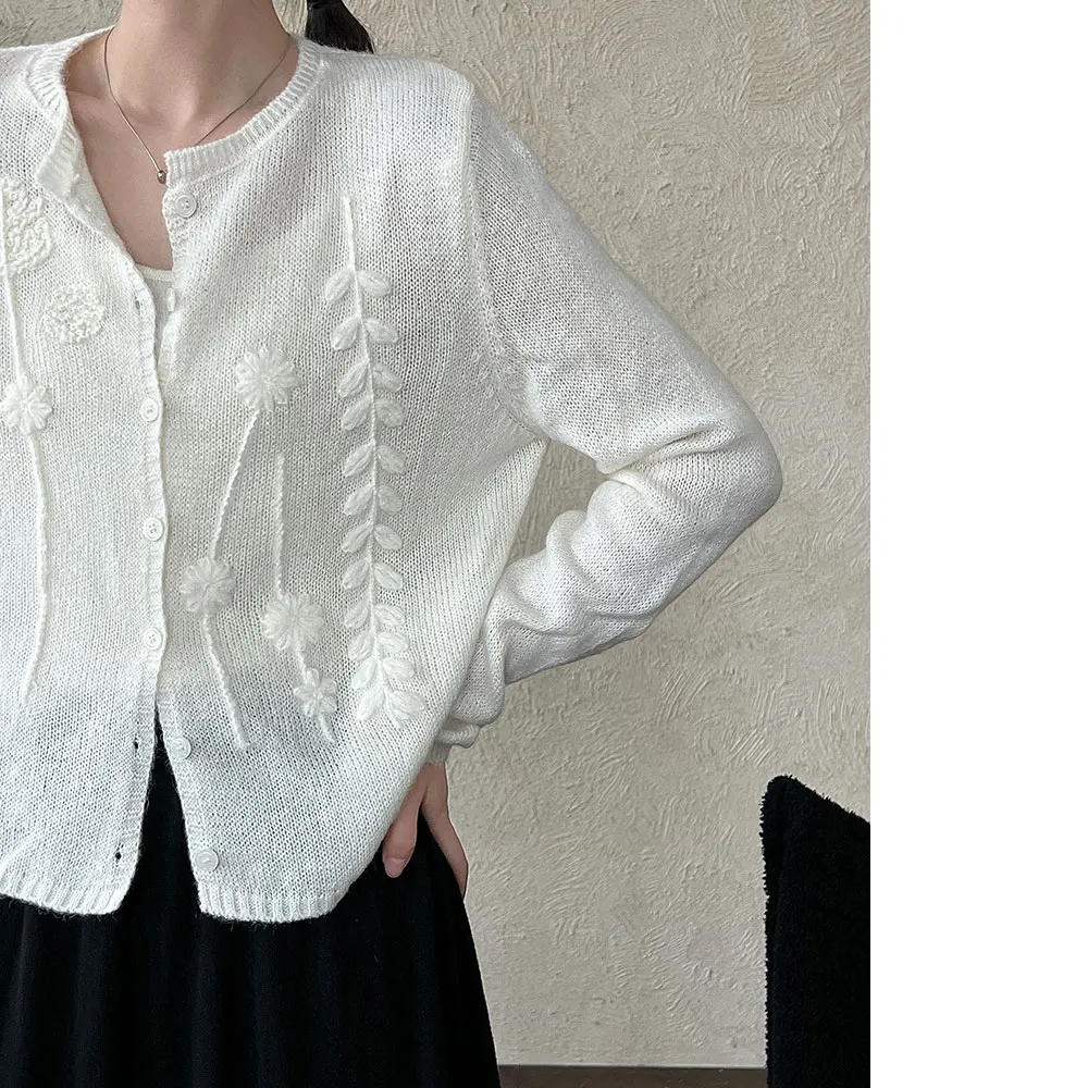 سترة نسائية من الصوف 15% 8% موهير بياقة دائرية وتطريز على شكل زهرة معطف محبوك سترات رفيعة ملابس علوية للنساء سترة #3