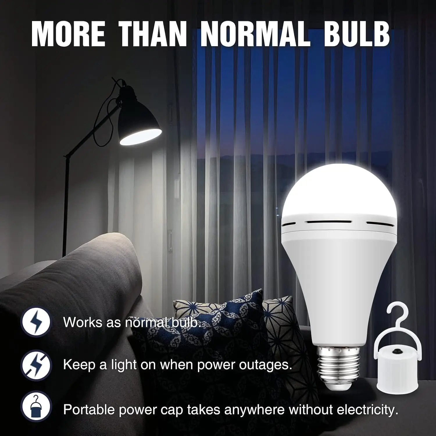 Rechargeable Light Bulbs Battery Operated Powered Backup Light Bulb, 15W 80W Equivalent 6000K 1500mAh, Emergency Light Bulb for Lamp Camping Works Even Power Outage