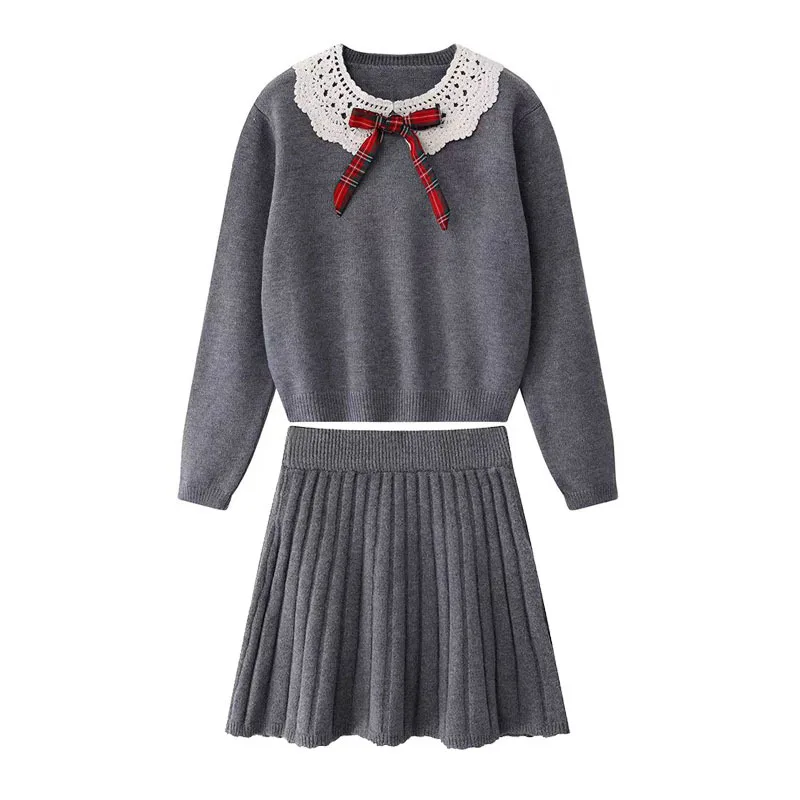 

Doll Collar Bow Detachable Hook Flower Collar Knitted Sweater Two-piece Set College Style Short Skirt Sweater Set for Women