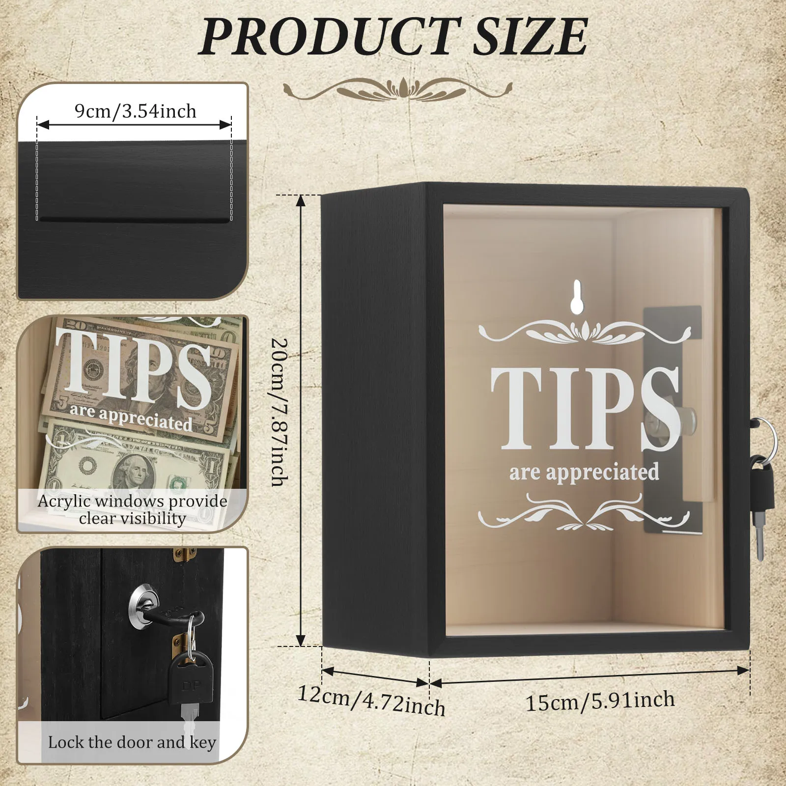 1 Pc Lockable Wooden Tip Box with Clear Acrylic Window Piggy Bank Multi-purpose Donation Boxes for Restaurant Bar Cafe Charity
