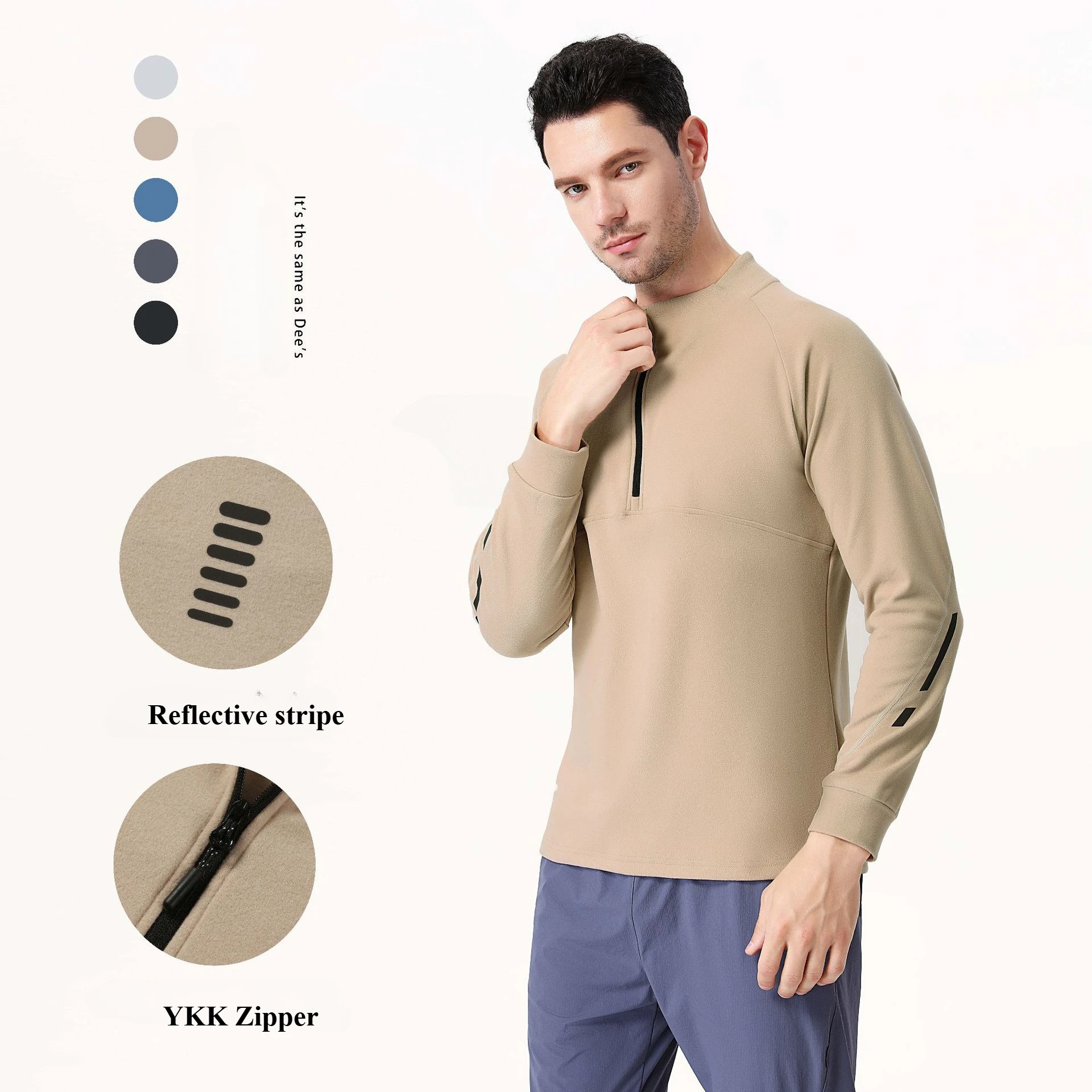 

Half Zipper Sports Outdoor Leisure Long-Sleeved Men's Pullover, Wet and Quick-Drying Solid Color Double-Sided Dralon Warm Fabric