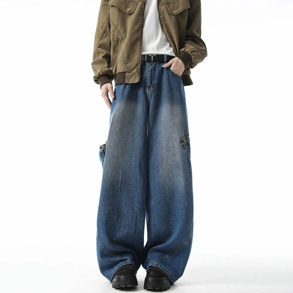 Mannen gewassen losse wijde pijpen jeans patchwork zijzakken streetwear casual denim broek mode trendy comfort vintage noodlijdende