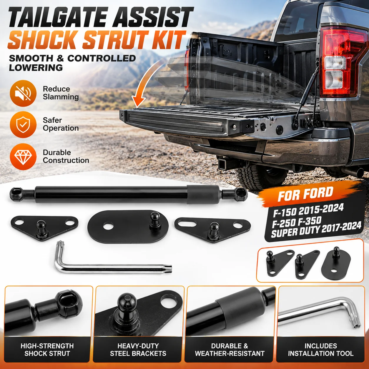 Tailgate Assist Shock Strut Slow Drop Damper Support Rod Kit For Ford F‑150 2015‑2024 F‑250 F‑350 Super Duty 2017‑2024 Pickup Truck Rear Tail Gate Lowering Accessories