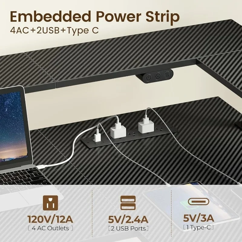 L-shaped Standing Desk with LED Lights and Power Outlets, Dual Motor Height Adjustable, Monitor Stand and Keyboard Tray