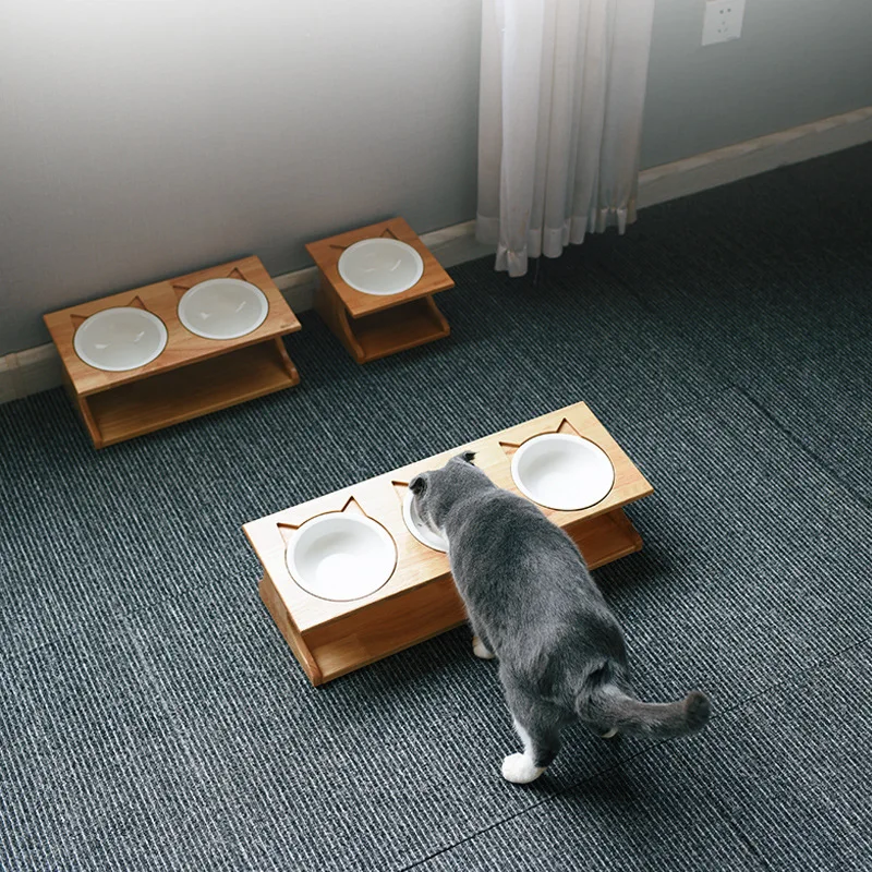 Raised Cat Bowls Elevated Bamboo Food Bowls for Cat and Small Dog Anti-Leak Pet Food Water Bowl Feeder Puppy Cat Accessories