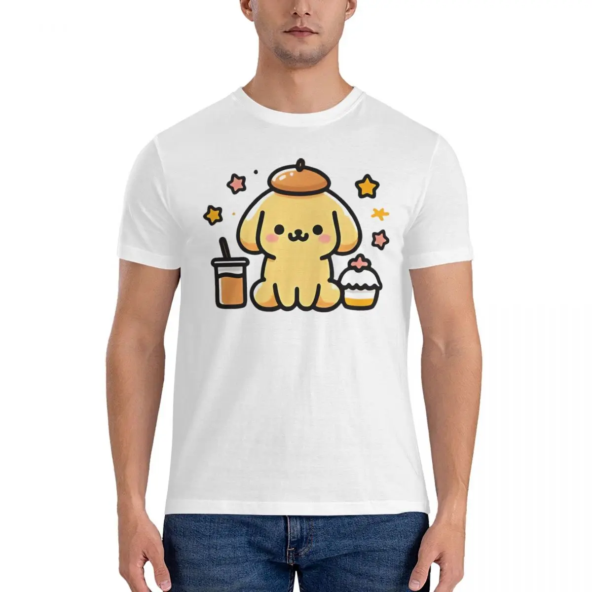 Sanrio Cartoon Character T-Shirt for Men Pompompurin Funny Cotton Tees Round Neck Short Sleeve T Shirt Summer Tops