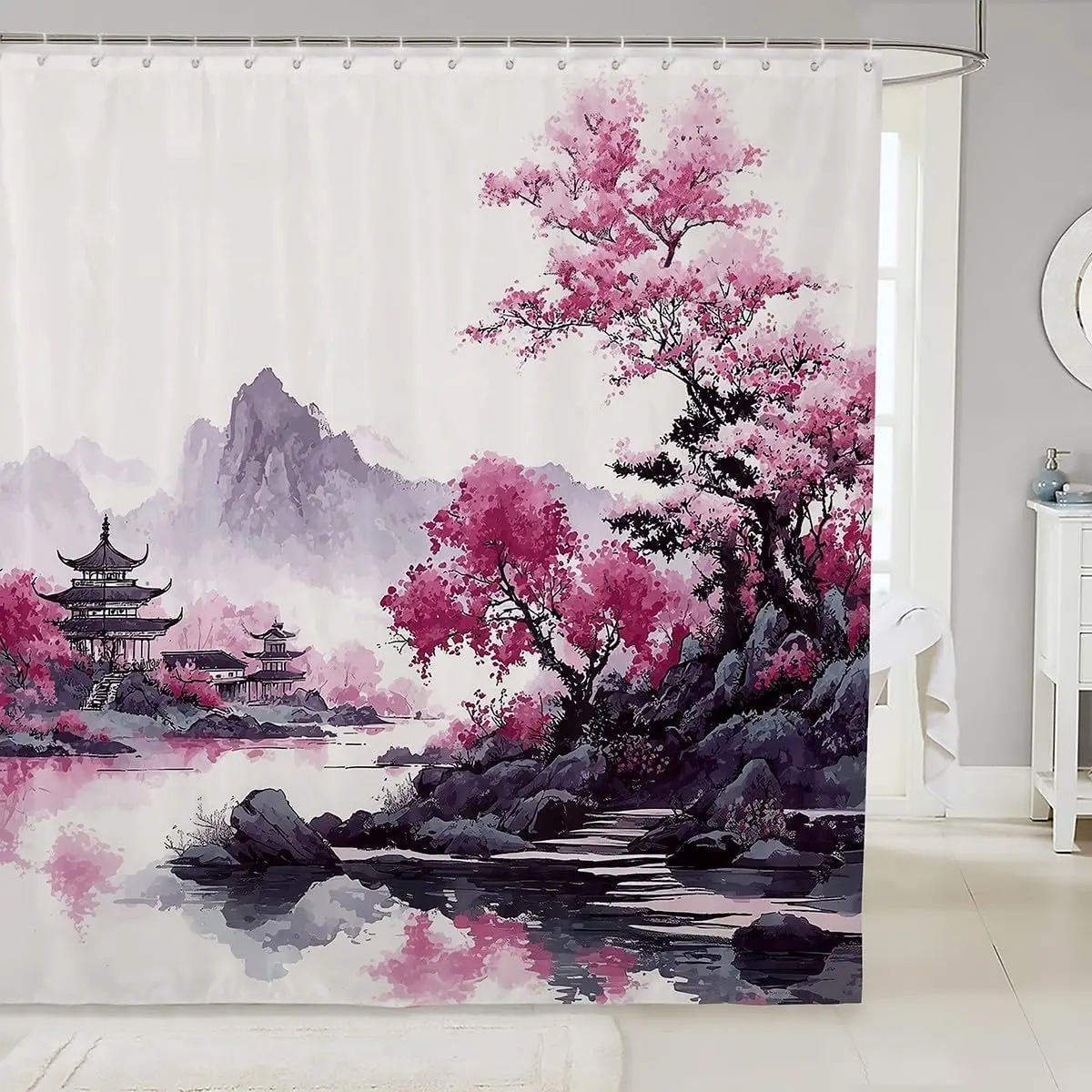 

Китайская занавеска для душа с росписью тушью для декора ванной комнаты, занавеска для ванны с цветком вишни для киосков, ванны, горная ванная комната
