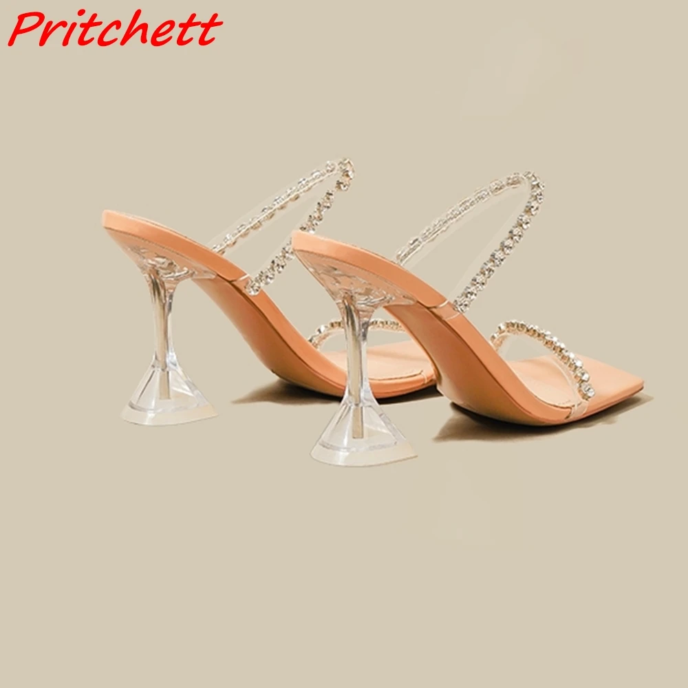 Shiny Rhinestone Straight Strap Slippers for Women Sqare Toe Slip On Slingback Clear Stiletto Heel Summer Bling Fashion Slides