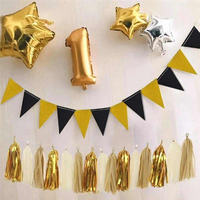 MAKE-Banner Decorazione Bandiera triangolare in oro nero per festival mediorientali, compleanni, feste di laurea