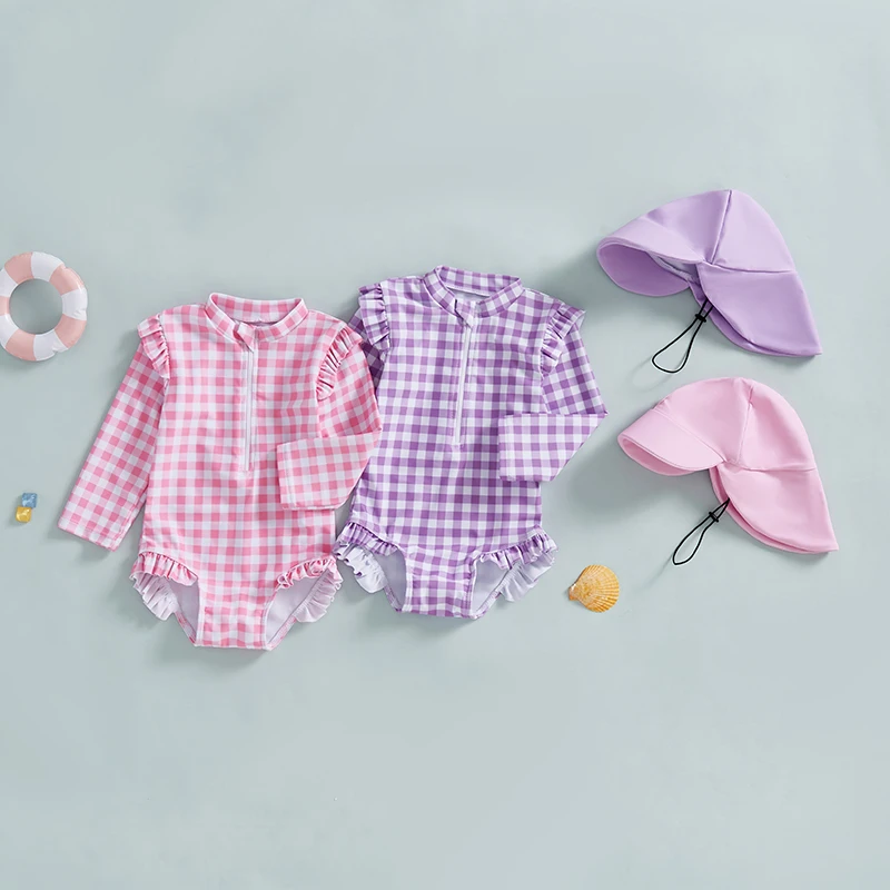 

Toddler Girls Rash Guard Swimsuit with Hat 2Pcs Set Plaid Pattern Zip Up Long Sleeve Swimwear Infant Baby Monokini Bathing Suits