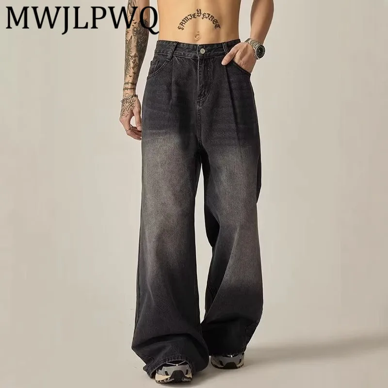 

MWJLPWQ Американские потертые черные широкие джинсы для мужчин, свободные прямые повседневные длинные брюки с высокой талией, модные весна-осень 2021, 11970