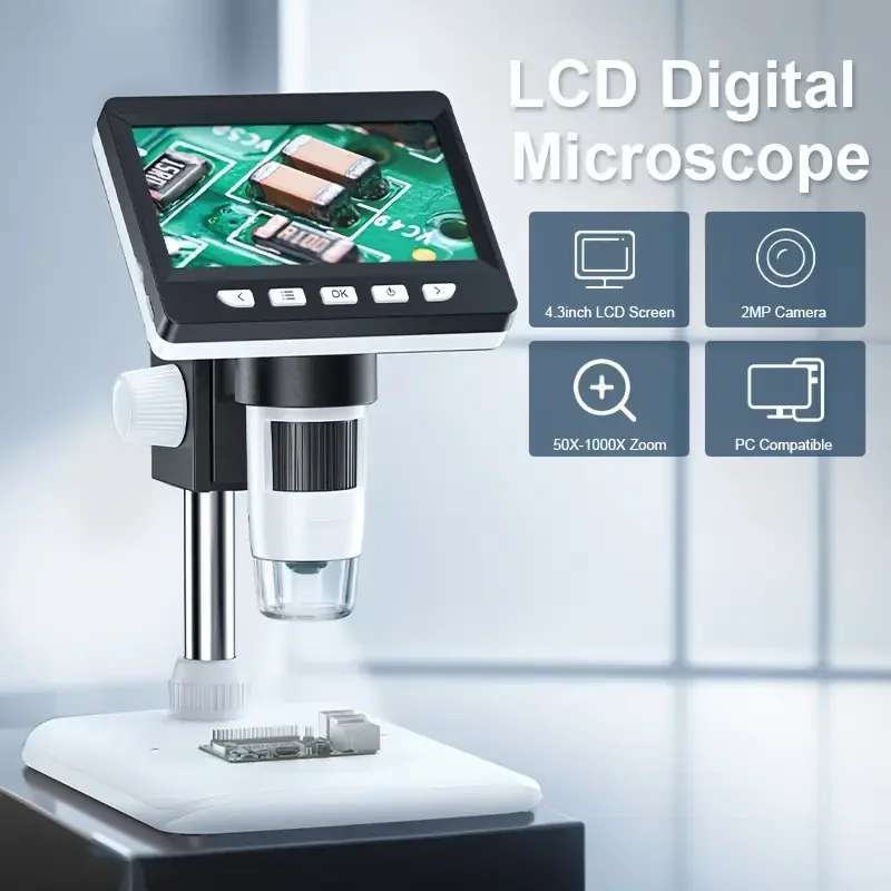 4.3'' Digital Microscope 1000X Zoom 2MP HD Electronic Microscopes Camera Coin Magnifier for Soldering Phone Repair 8LEDs PCB