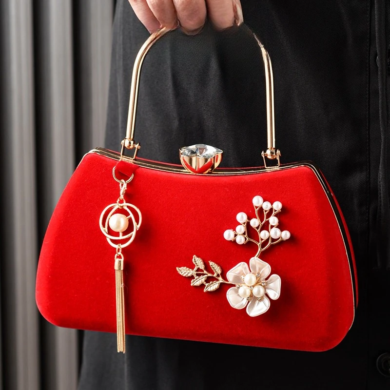 

Elegant Tassel Velvet Dinner Handbag Flowers Rhinestone Evening Banquet Bag Top Handle Clutch Bridal Clutch Bag Party