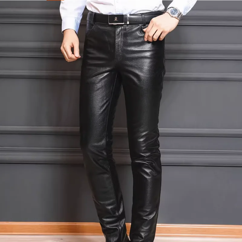 

Men's Slim Fit Small Toe Layer Cowhide Tight Casual Leather Pants