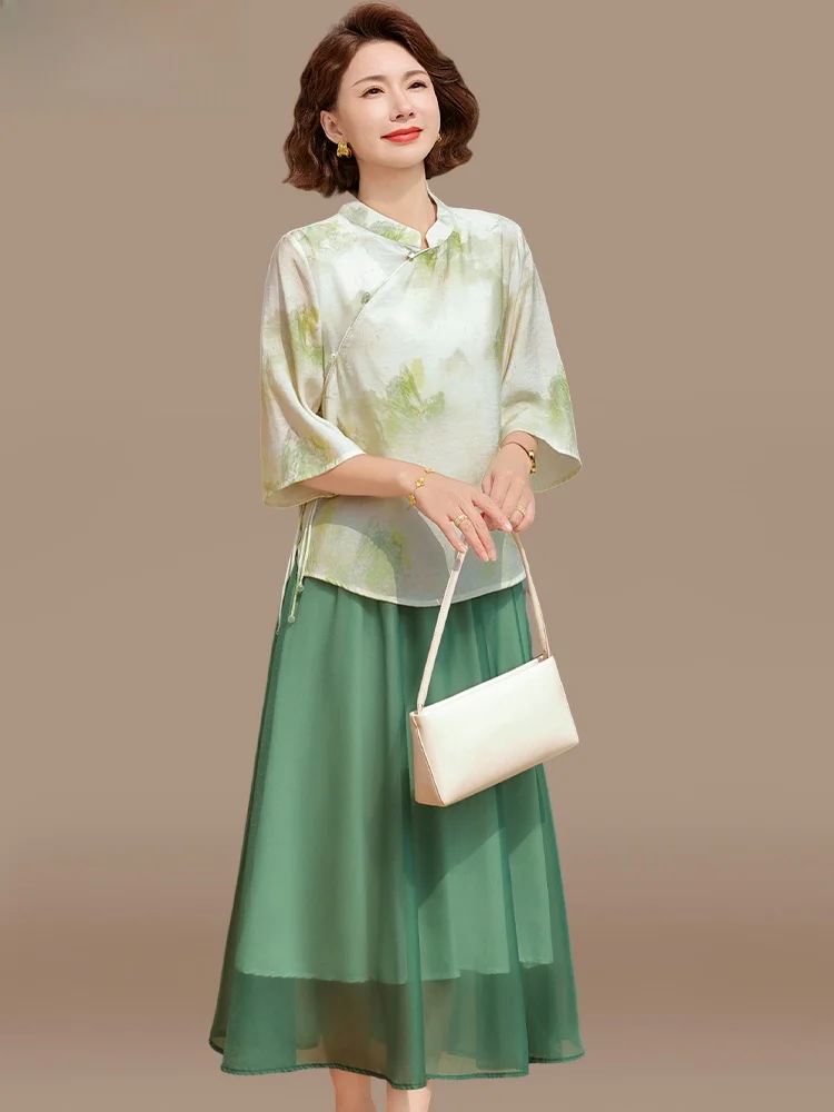 

New 2025 Summer Faion Mommy Outfit Set f-Sve Top And Midi Skirt Traditional Chinese Sle Women's Mid-Aged Spring Sum...