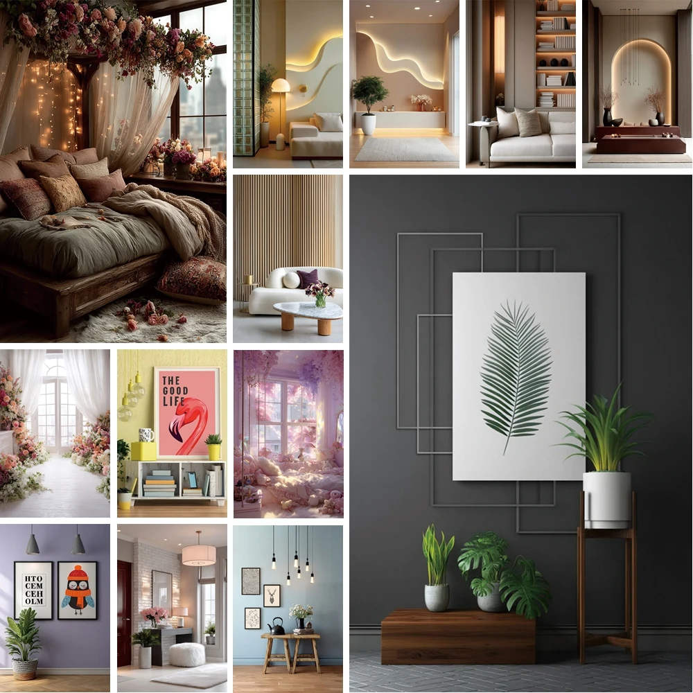 

MOON.QG Modern Living Room Backdrops For Photography Sofas Throw Pillows Potted Plants Background Photo Booth Photo Wallpaper