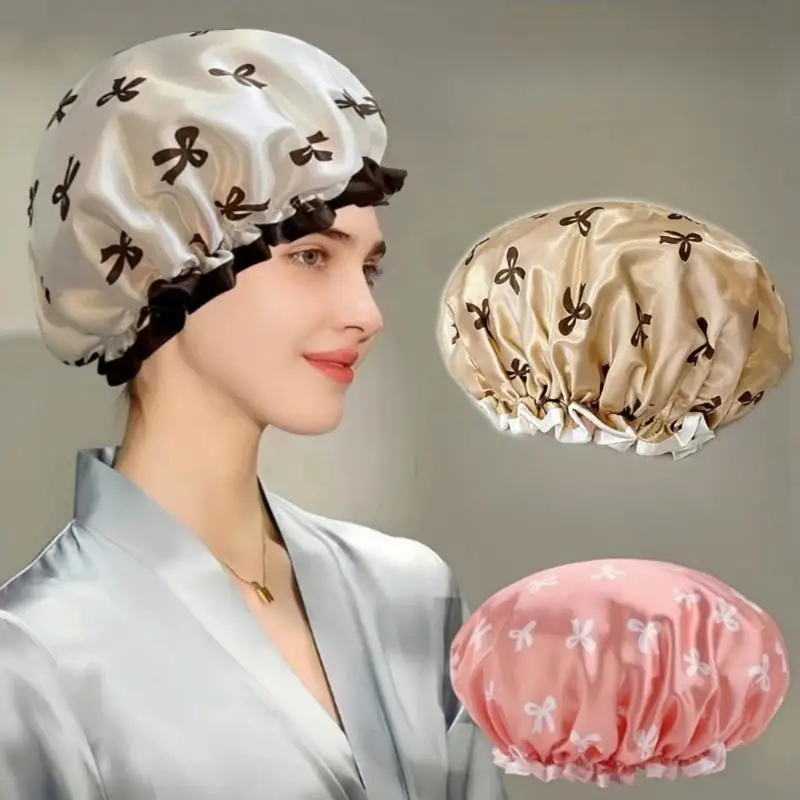 ●Three-piece Set Double-Layer Waterproof Reusable Shower Cap Stylish And Elasticity Bowknot Print Hair Cover For Bathing Cap