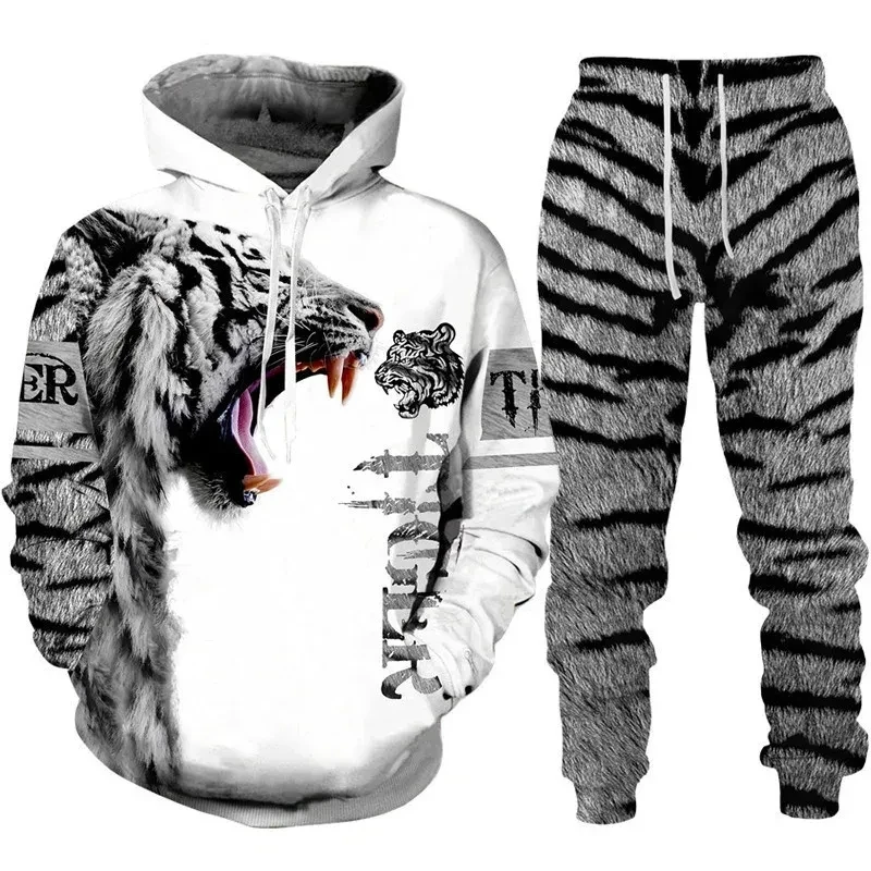 Men's Hoodies Sweatshirts Pants Suits White Tiger Graphic 3D Print Man Women Tracksuit Outfits Fashion Men's Clothing 2Pcs Sets