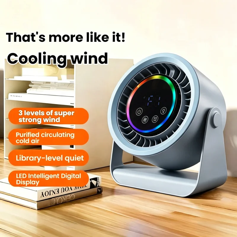 

Cold air circulation mini fan with touch control and digital display, suitable for dormitory beds, silent office desks, and USB