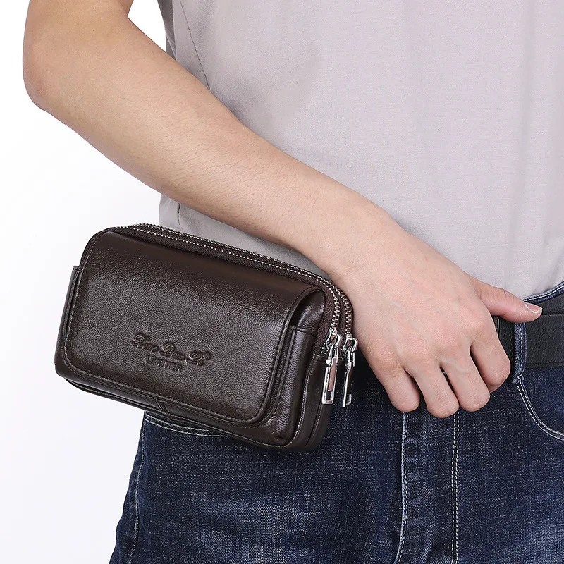 Men's mobile phone waist bag, genuine leather multi-functional 7-inch crossbody double zipper retro belt waist bag