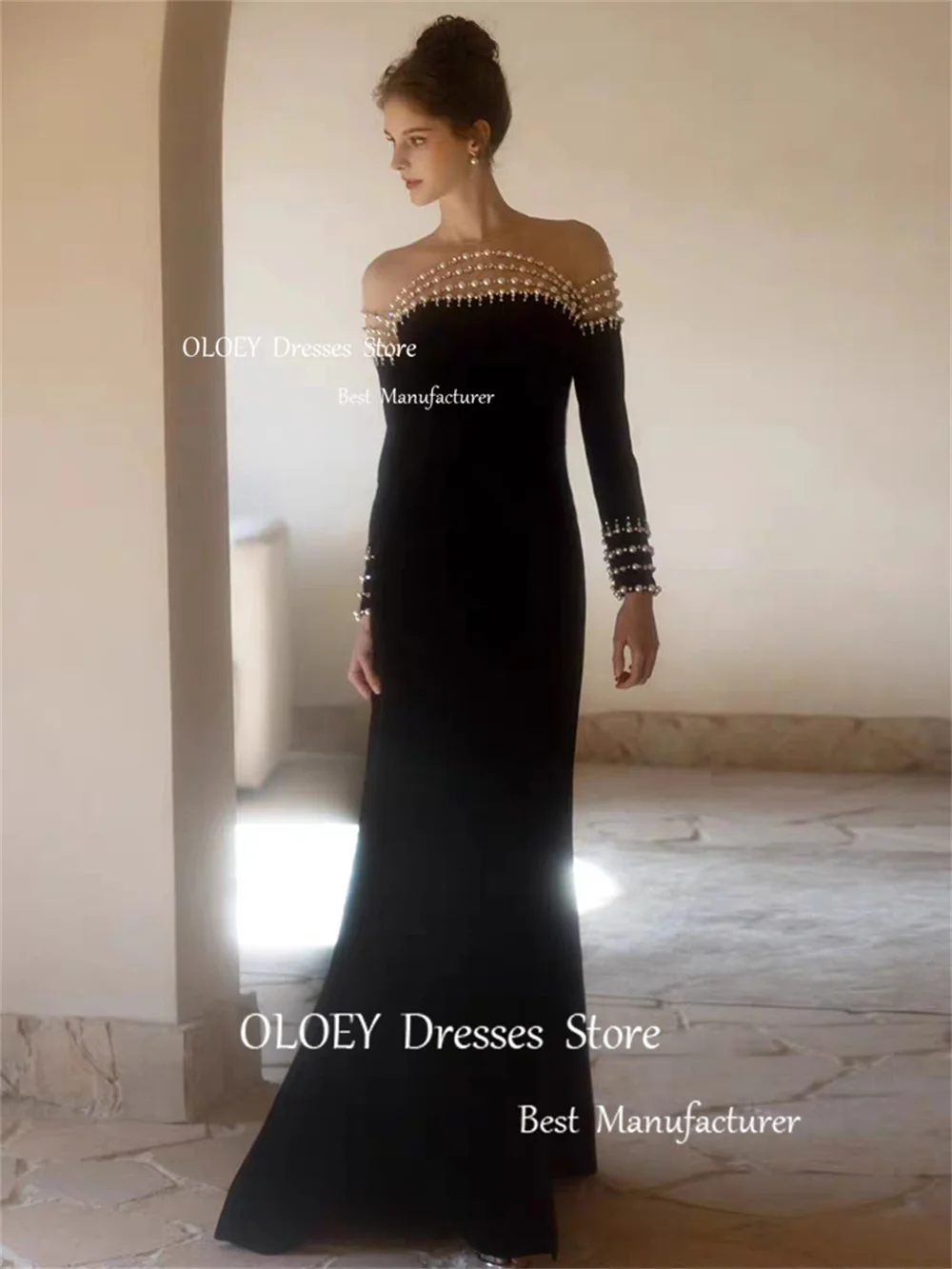 OLOEY France Elegant Black Evening Dresses O-Neck Ankle-Length Wedding Party Dresses Beading Pearls Satin High Slit Prom Gowns