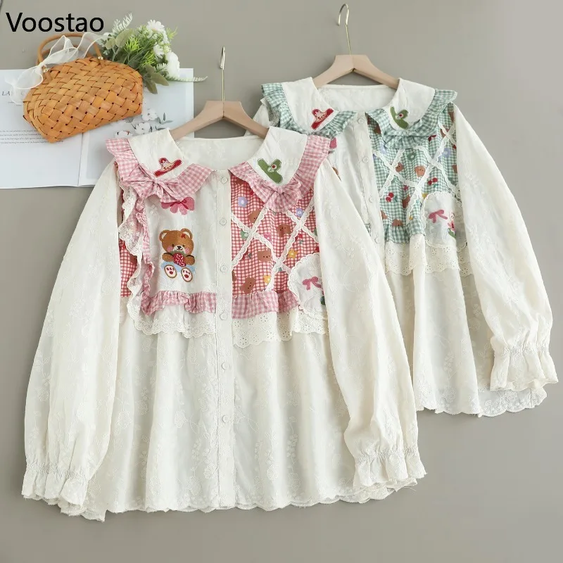 Mori Girl Sweet Lolita Style Shirt Women Kawaii Cartoon Bear Embroidery Bow Peter Pan Collar Blouse Female Cute Lace Ruffle Tops