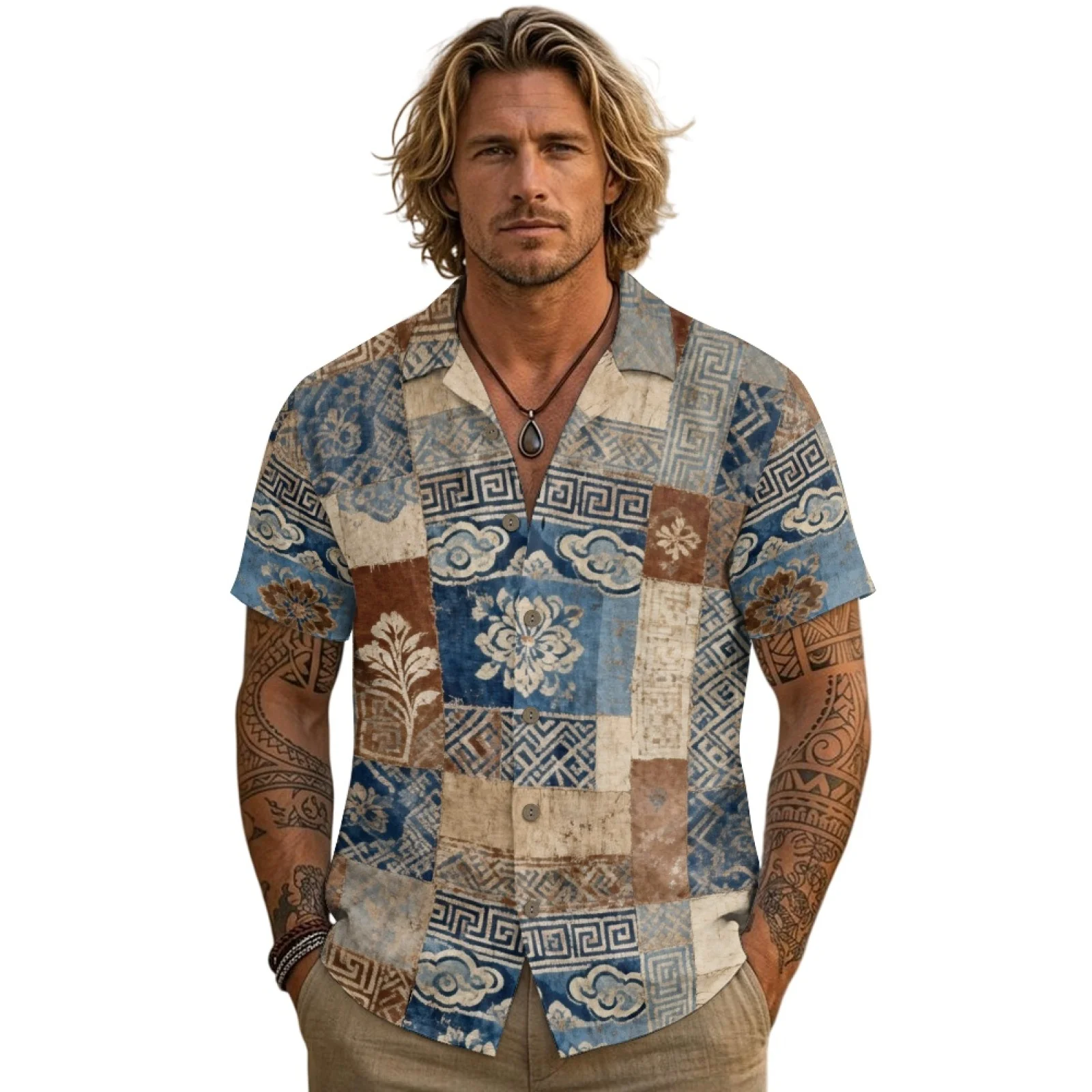 PENSTROLL Patchwork Design Breathable Hawaiian T Shirts for Men for Summer Linen Like Sleeveless Tees S-3XL