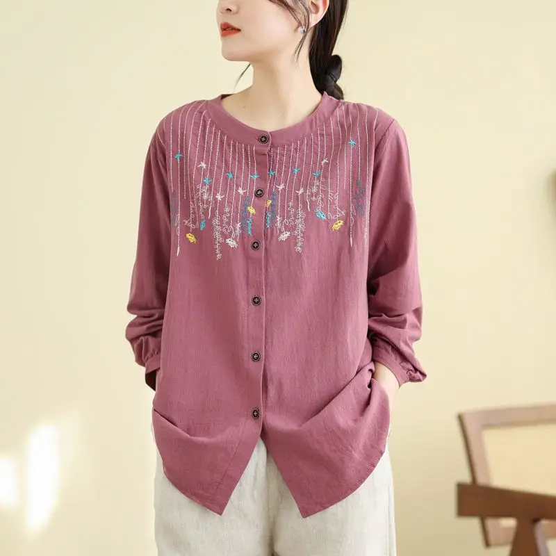 Women Spring Elegant Temperament Loose Embroidered Cotton and Linen O-neck Long Sleeve Shirts Ladies Casual All-match Trend Tops