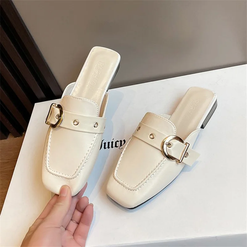 Square Toe Slippers Women Belt Buckle Ladies Shoes Summer Outdoor Mules Casual Shallow Slipper 2024 Solid Color Pantuflas Mujer