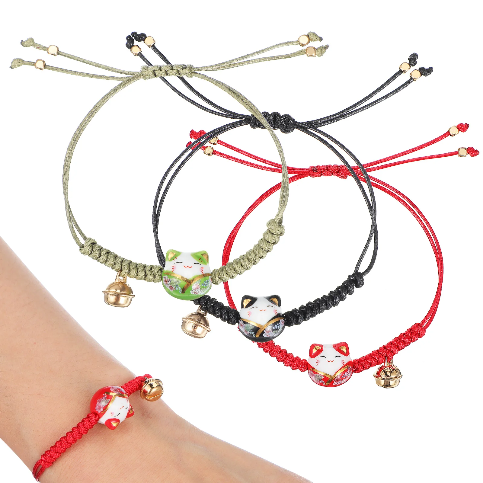 

3Pcs Cat Bracelet Maneki Neko Lucky Charm Adjustable Braided Rope Wristband Jingle Bell Japanese Jewelry Black Cat Bracelet