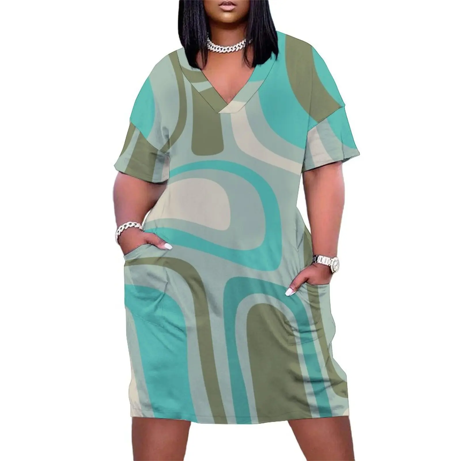 

Palm Springs Retro Mid Century Modern Abstract Pattern Vintage Turquoise, Olive, Celadon, and Ecru Loose Pocket Dress