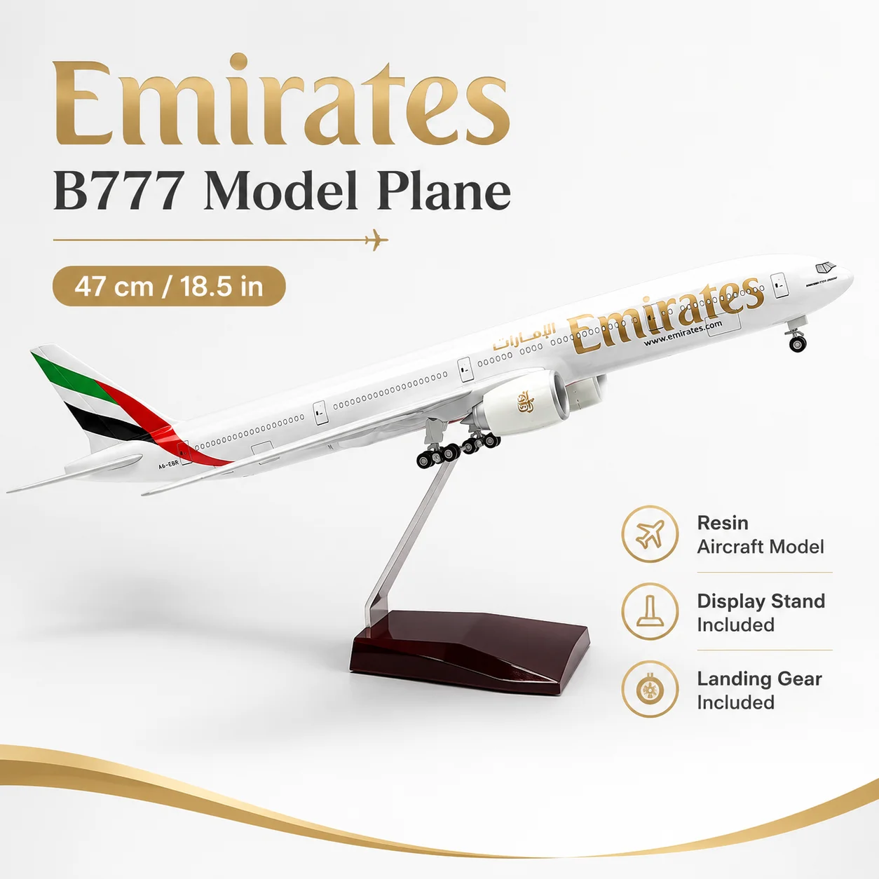 UAE Airlines B777-300 47-centimeter Die-Cast Resin Aircraft Model 18.5 inches with Stand and Landing Gear Display Model