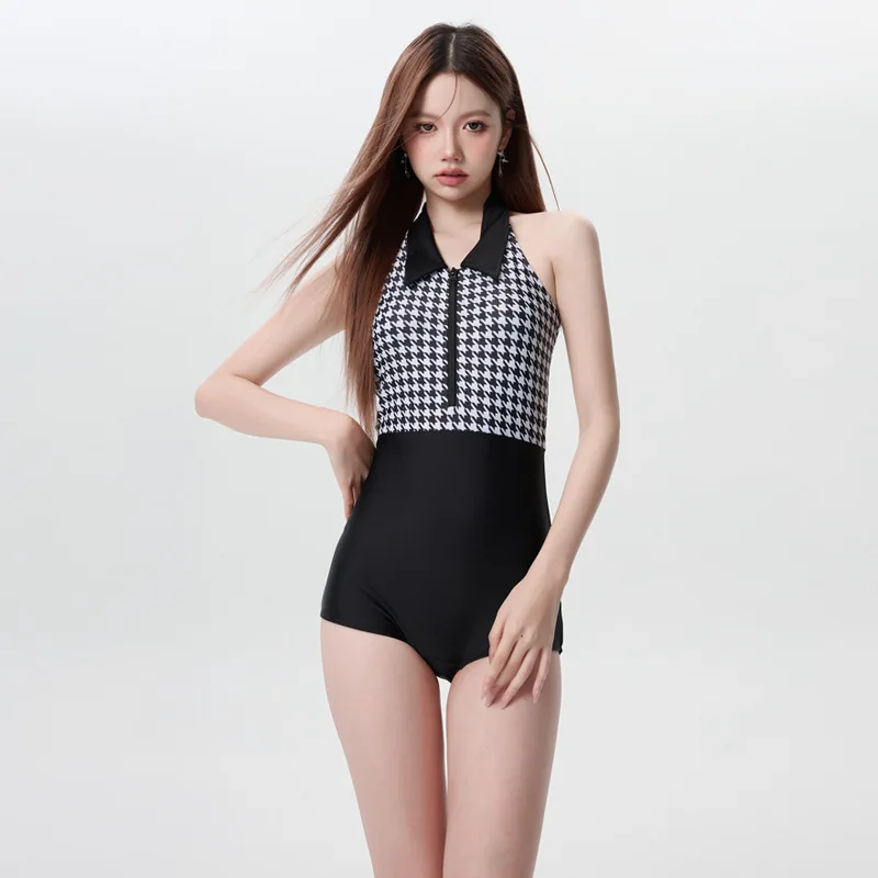 

2024 New Retro Thousand Bird Grid Splicing Sexy Slim Fit Girl One Piece Vacation Swimsuit for Women