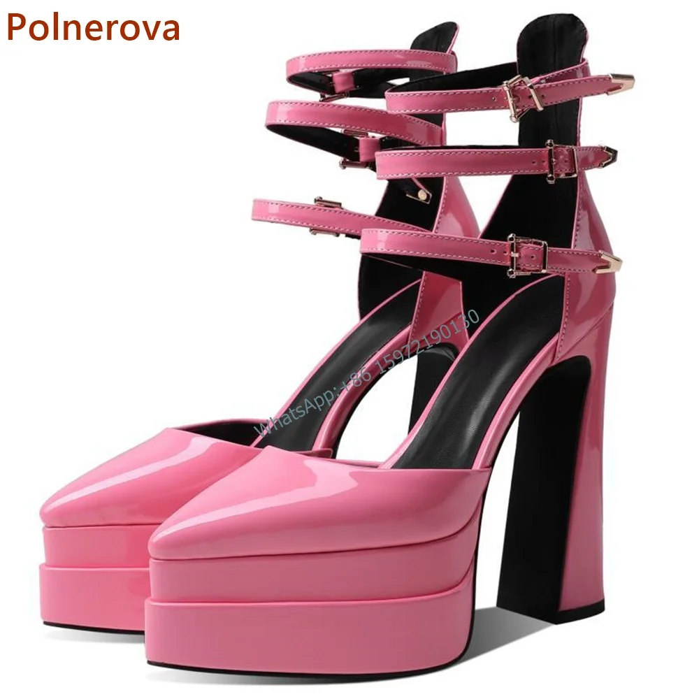 Platform Solid Patent Leather Sandals Pointy Toe Chunky Heel Buckle Strap Ankle Band Shoes Ladies Sexy Summer Party Shoes