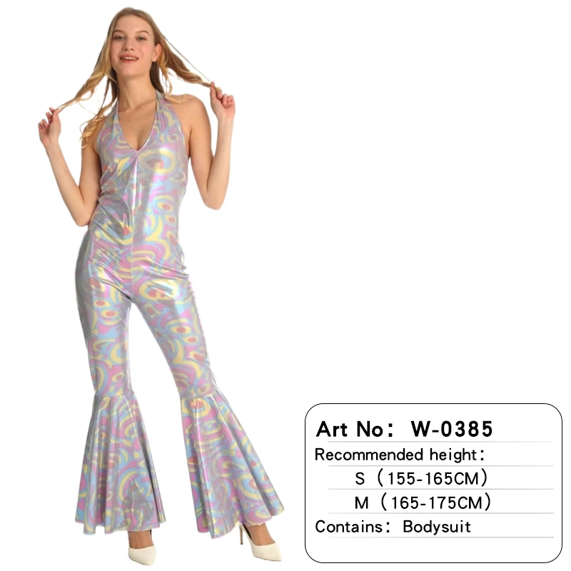 Jumpsuit Hippie - Kostum Halloween perak yang mempesona untuk pesta koktail, pertunjukan panggung, kostum disko gaya busana
