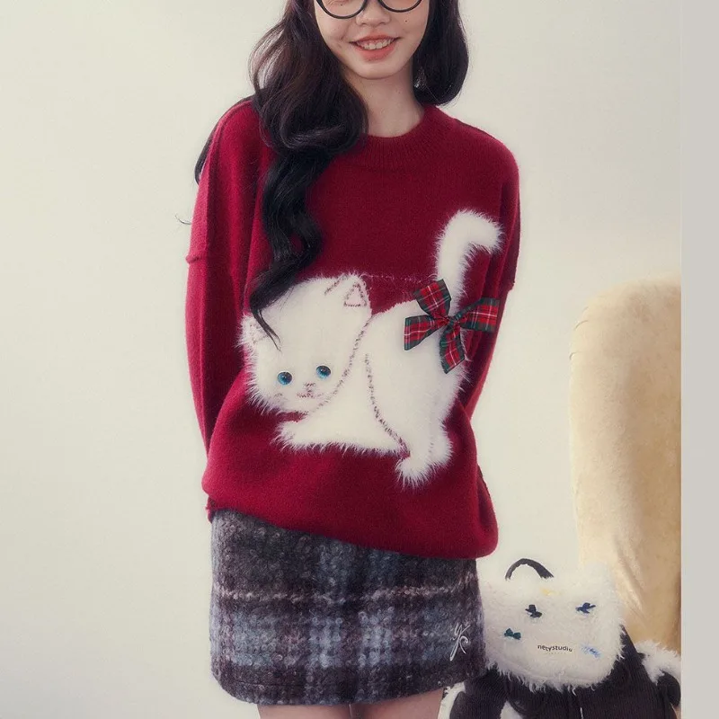 Sweet Bow Christmas Sweater Women Korean Round Neck Soft Glutinous Cat Cute Academy Loose College Winter Festival Lady Knitwear