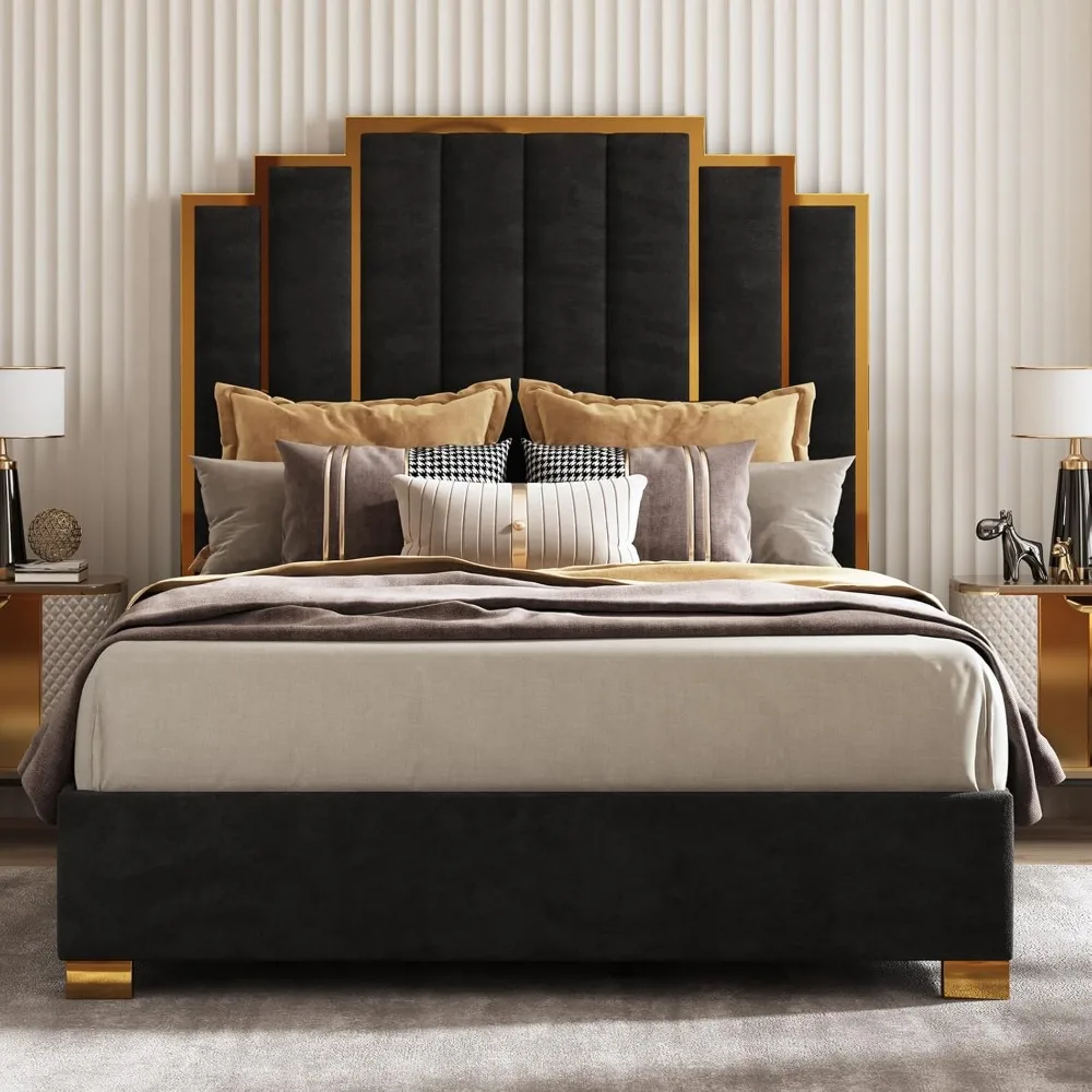 Queen Size Upholstered Bed, Modern Velvet Bed Frame with 61.4” Tall Gold Trim Headboard, No Box Spring Needed, Black