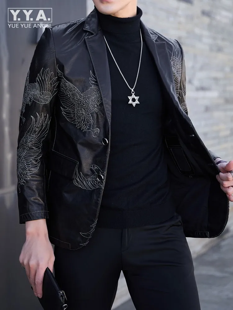 

Мужская осенняя тонкая однобортная куртка из овчины из натуральной кожи, деловой повседневный костюм для вечеринок, пальто, дизайнерская вышивка мотоцикла