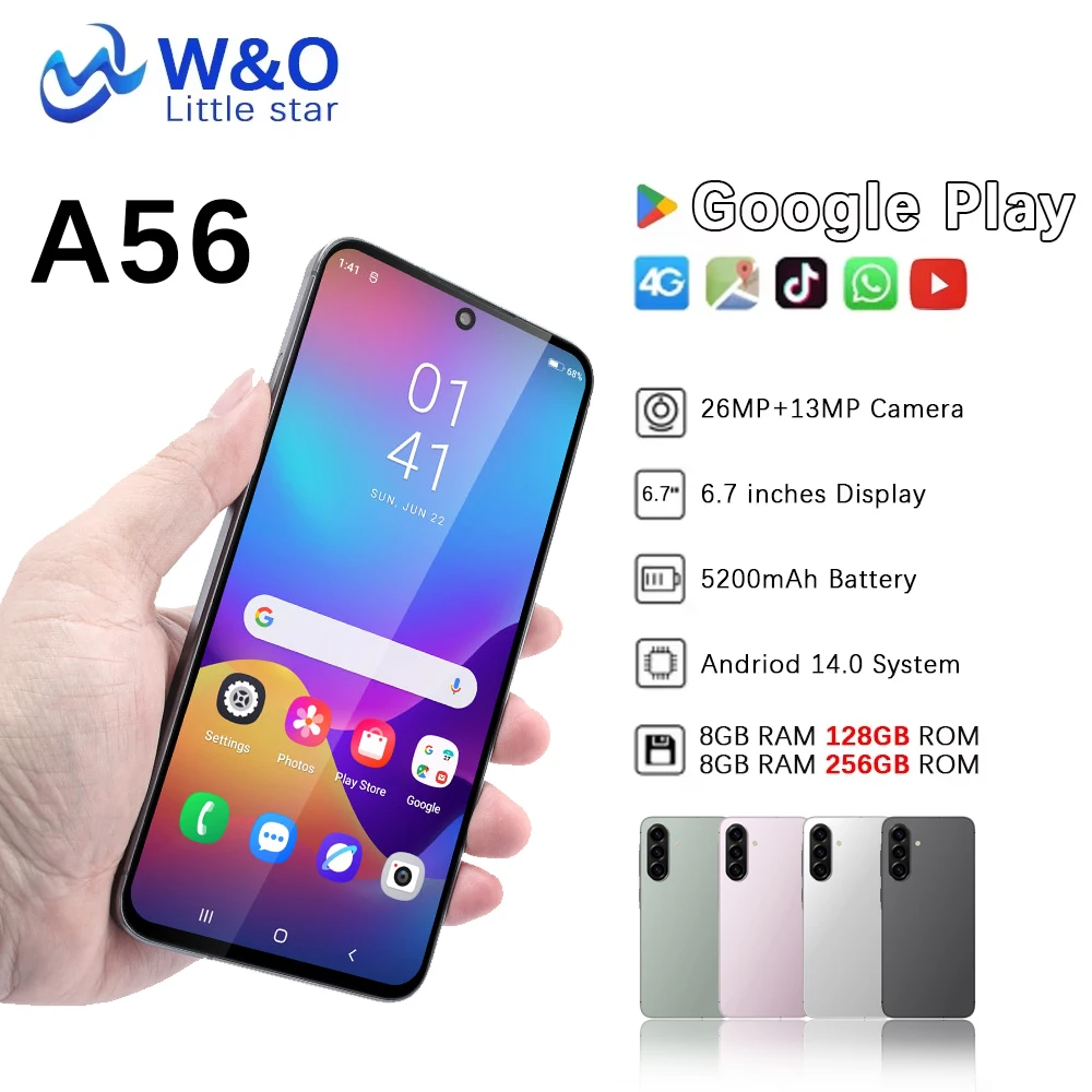Global Version W&O A56 Ultra-thin 4G Smartphone Android 14 Dual SIM 6.7 Inch HD+ 4GB+64GB Phone 5200mAh 26MP Camera Cellphone