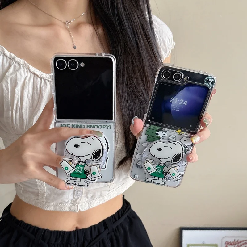 Cute coffee Snoopy Magsafe Wireless Charge phone Case For Samsung ZFlip 3 4 5 6 7 Funny 3D rotate coffee Snoopy Magnetic Cover﻿﻿