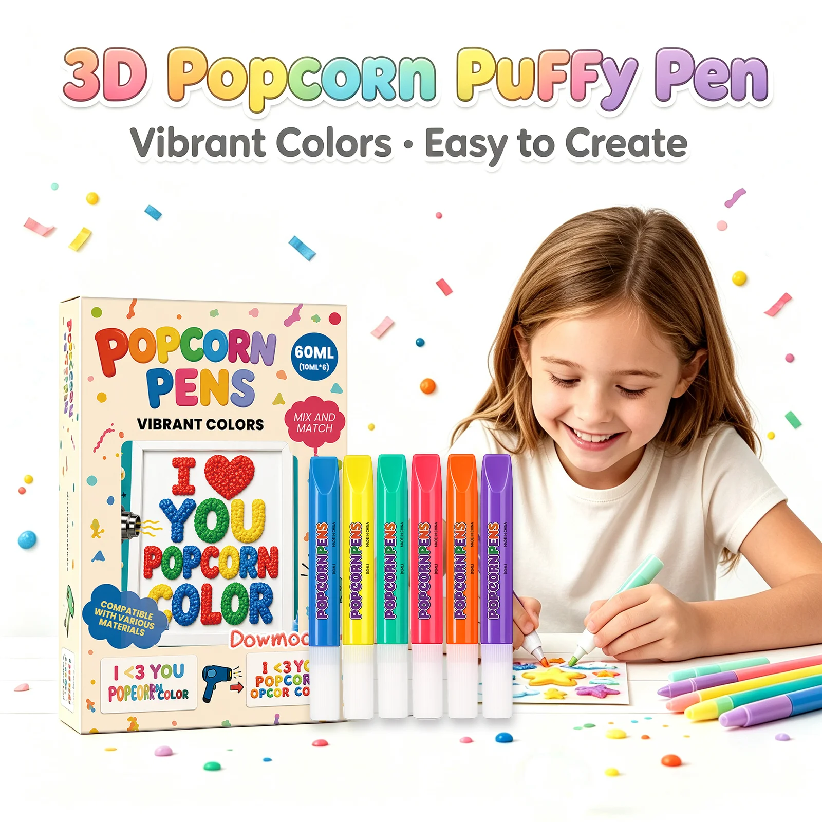 Dowmoo Popcorn Bubble Pen, dichtes Pigment, gleichmäßiger Tintenfluss, weiche schäumende Textur, starke Farbhaftung, reibungsbeständig, Kunstset für Kinder