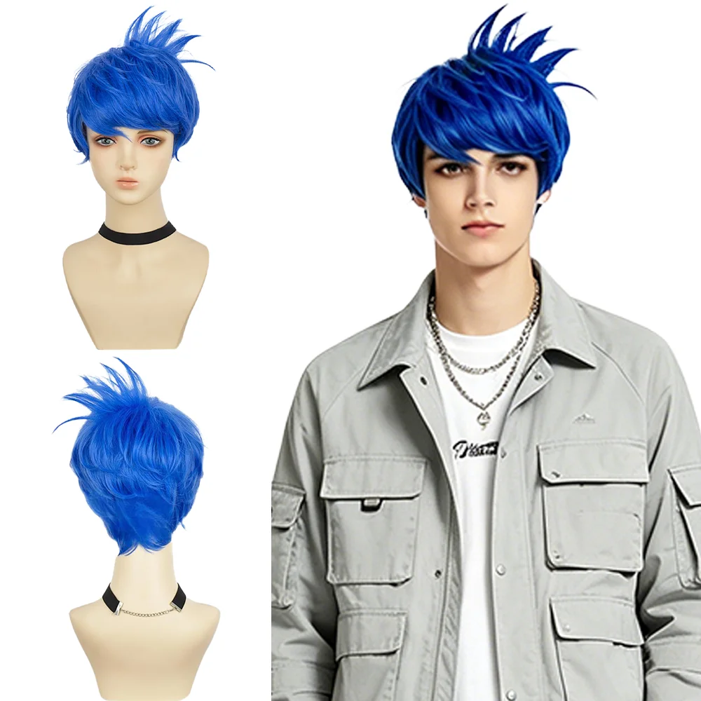 Anime Joy Cosplay Short Spiky Bright Blue Wig Natural Fluffy Heat Resistant Synthetic Wig For Halloween Convention Costume Party