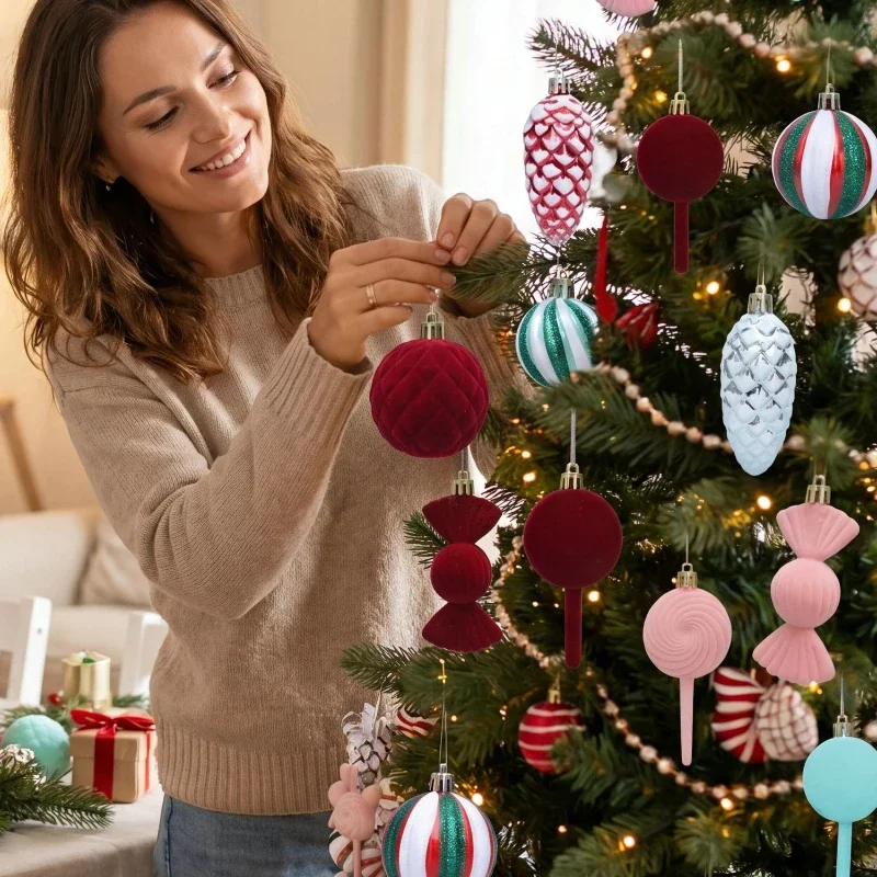 30/36pcs Red Flocking Christmas Ball Ornaments Red Gold Christmas Tree Party Decoration New Christmas Spheres Pendant Set