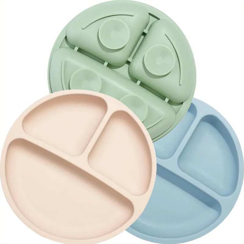 

Food Grade Kids Silicone Plate Baby Simple Round Divided One-piece Suction Feeding Bowl