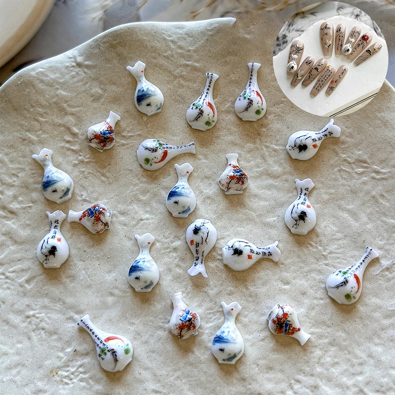 

10PCS Chinese Style Blue White Porcelain Vase Nail Art Accessories Nail Charms Mixed Luminous Nails Decorations