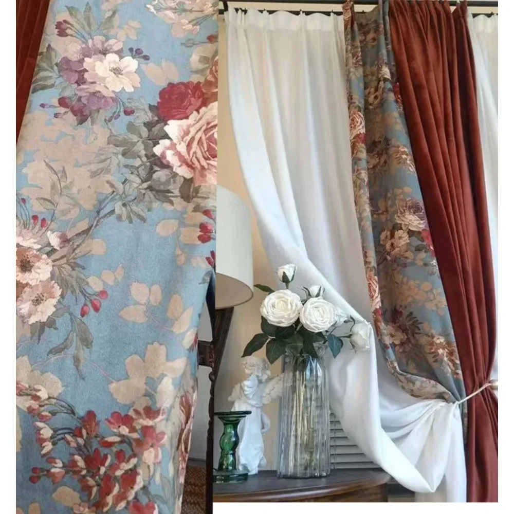 

Ретро американский свет, роскошный республіканский стиль, пион, цветные блоки, кирпичные красные бархатные плотные шторы для гостиной, термобелье